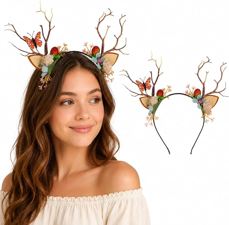 FOMIYES Diademas de flores de asta, Diadema de reno con flores, Diadema de Asta de Ciervo accesorio para fiesta temática, carnaval — Ropa Navidad