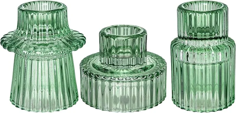 SuproBarware Portavelas de cristal, juego de 3 portavelas verdes, 3 estilos de vela cónica para todos los eventos formales, centros de mesa, bodas, cenas, iglesias, fiestas y festivales — Cena a la luz de velas