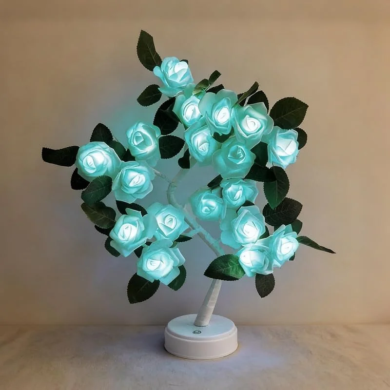 ANBET Lámpara de mesa LED de 18 luces LED, diseño de rosas, bonita flor iluminada para el día de la madre, hogar, dormitorio, San Valentín, Navidad, Pascua, boda, fiesta, decoración, color azul — Cena a la luz de velas