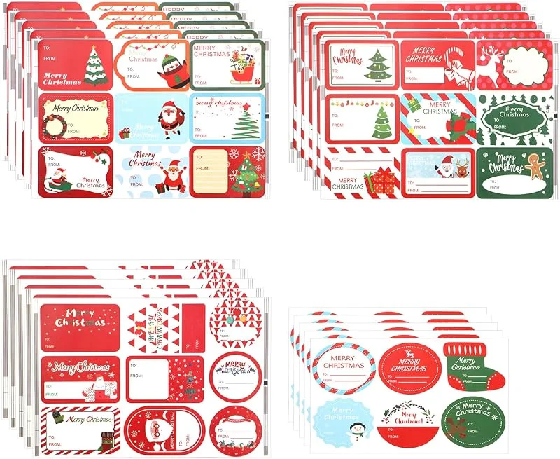 Gosknor 165 Etiquetas Adhesivas para Regalo de Navidad, 4 Estilos to and from Etiquetas con Nombre de Navidad Lindo Muñeco de Nieve Papá Noel Árbol de Navidad para Cajas de Regalo — Envoltorio regalo
