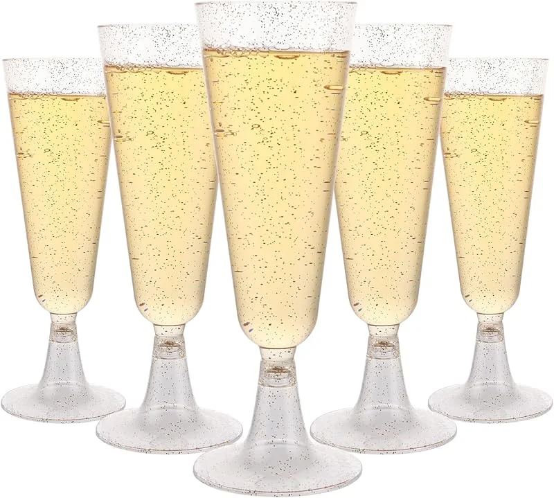 Visita la tienda de LOPYXBR 80 Piezas Copas de Cava Plástico 150 ml, Copas de Plástico Duro con Purpurina Dorada, Base Desmontable, 162 x 52 mm para Champan Coctel Vino y Bodas — Vino y mesa festiva