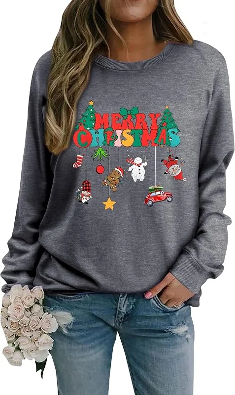 Visita la tienda de WIEIYM WIEIYM Jersey de Navidad para mujer, sudadera de manga larga, cuello redondo, manga larga, suéter de otoño, invierno, árbol de Navidad, estampado navideño, informal, sudadera de Navidad — Ropa Navidad