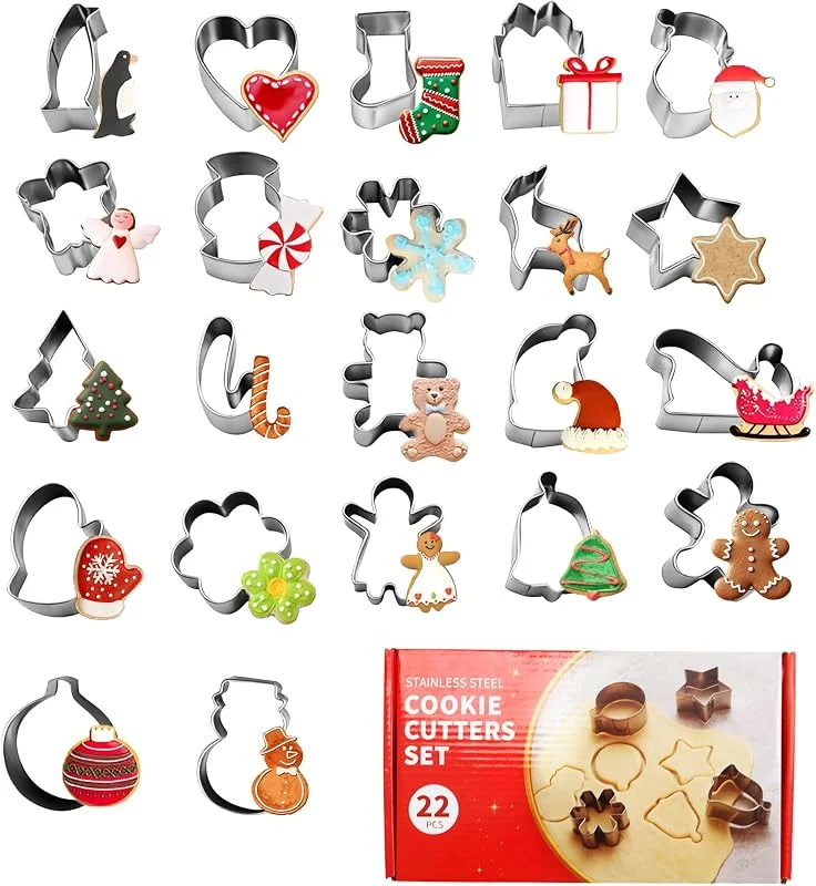 Gurlideo 22 Piezas Moldes Galletas para Navidad, moldes de acero inoxidable con espátula, hombrecito de jengibre, copo de nieve, árbol de Navidad, moldes para galletas navideñas para hornear en invierno — Hogar y cocina