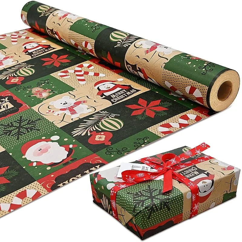 DOJoykey Paquete de rollo de 43 cm x 15 m Papel de Navidad, papel Kraft impreso con patrón de Navidad Papel de regalo reciclable para papel de regalo de fiesta de Navidad — Envoltorio regalo