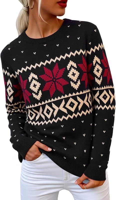 Visita la tienda de Terecey Terecey Jersey Navideño Mujer Gracioso Cálido Invierno Suéter Navideño con Estampado con Santa Claus y Copos de Nieve Ropa Navidad Merry Christmas 2025