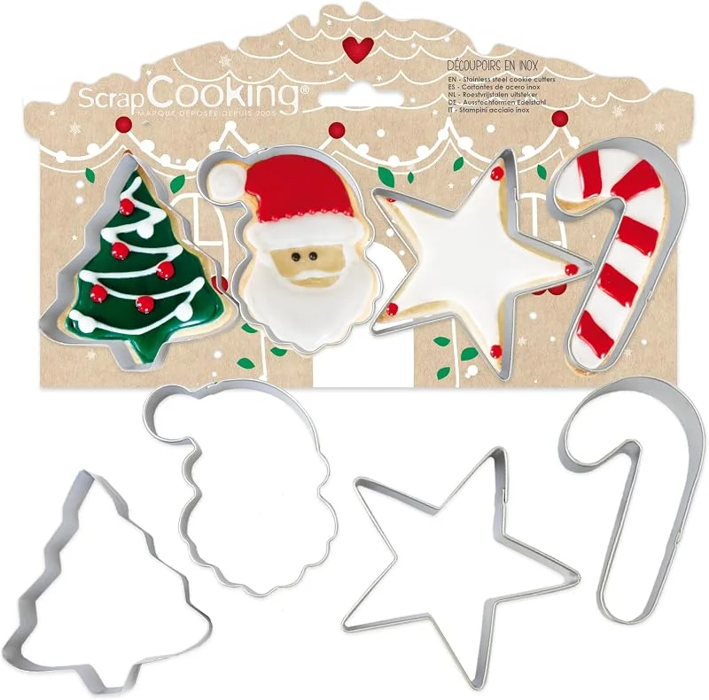Visita la tienda de ScrapCooking ScrapCooking - 4 Cortadores de Galletas Navidad - Moldes de Acero Inoxidable para Pastas y Sablés - Accesorios de Repostería - Árbol, Papá Noel, Estrella, Bastón de Caramelo - 2089 — Hogar y cocina