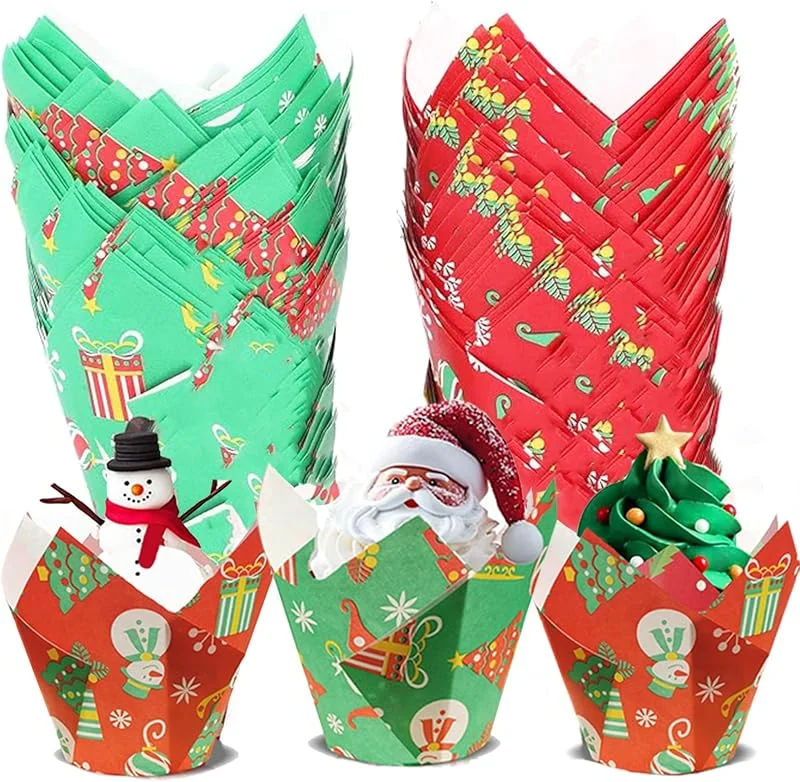 Dorclife 100 Piezas Papel para Magdalenas Santa Claus Papel Muffins Cupcakes Cupcake de Decoración de Navidad Tazas Papel de Pastel Tulipán para Decoraciones de Fiesta de Navidad — Hogar y cocina