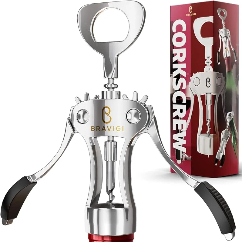BRAVIGI Abridor de vino de alta calidad, sacacorchos de ala, fabricado con tornillo de acero inoxidable resistente y cuerpo de aleación de zinc, sacacorchos perfecto para abrir botellas de vino y cerveza — Vino y mesa festiva