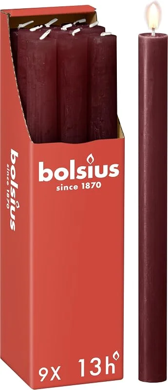 Visita la tienda de Bolsius Bolsius - Velas rústicas - Rojo burdeos - 9 unidades - 27 x 2, 3 cm - Duración de combustión 13 horas - Sin perfume - Cera vegetal natural - Sin aceite de palma — Cena a la luz de velas