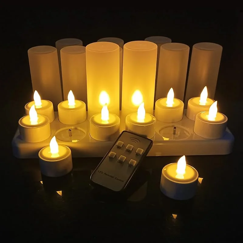 Visita la tienda de QSPORTPEAK QSPORTPEAK velas LED con mando a distancia, 12 piezas sin llama luces de té, parpadeo como velas reales, velas recargables con estación de carga, traje de velas de Navidad, fiesta, boda, amarillo — Cena a la luz de velas