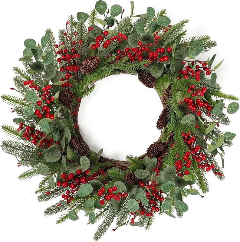 Betylifoy Corona de Navidad Grande de 60 cm, Guirnalda Navideña para Puerta Delantera Corona Navideña con Bayas Conos de Pino para Decoraciones Navideñas para Chimenea en el Hogar — Decoracion Navidad