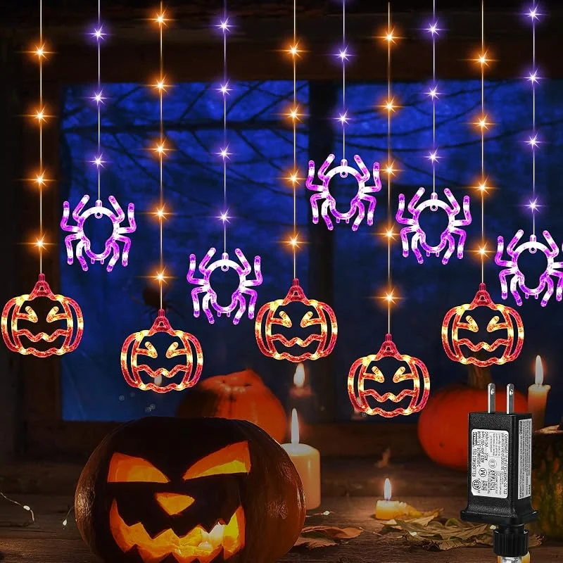 cerflyer Luces de ventana de Halloween, 10 pies, 190 LED, araña, naranja, calabaza, luces colgantes al aire libre, cortina de Halloween, 8 modos para patio delantero, patio, ventana, fiesta, hogar — Luces Navidad