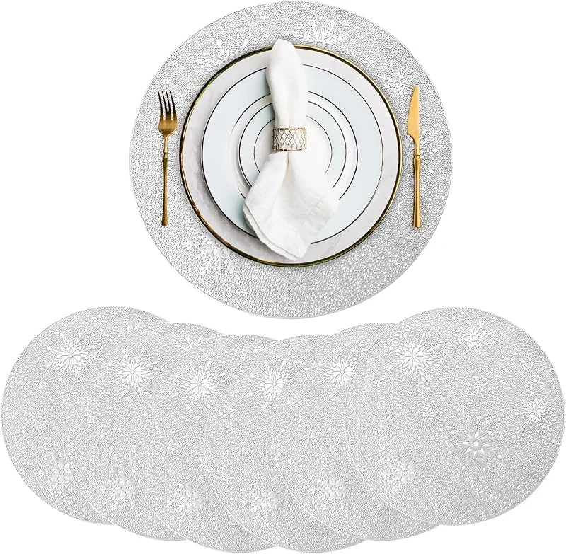YUYWWAN Manteles Individuales Navidad, 6 Piezas Salvamanteles Individuales Redondo, Copo de Nieve Mantel Individual Navideños, PVC Salvamanteles Lavables para Decoración de Mesas (Plateado) — Hogar y cocina
