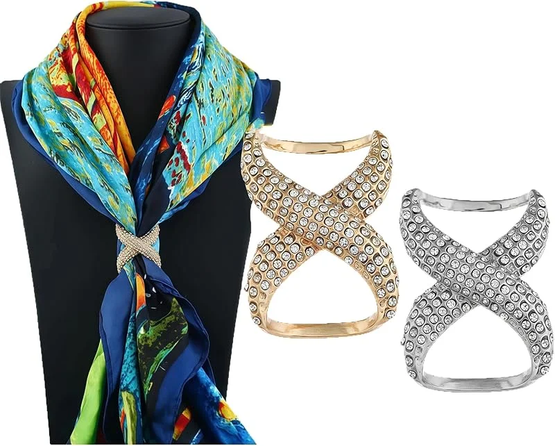 Upstore 2 clips de bufanda de seda con incrustaciones de diamantes de imitación para mujer y niñas bufandas de moda bufandas hebilla de seda cierre de bufanda de ropa para pañuelo (oro + plata) — Ropa Navidad