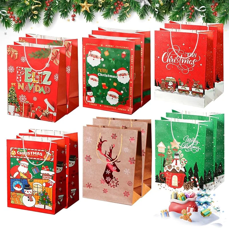 YOOSI 12 Piezas Bolsas de Regalo Navidad, Bolsas de Regalos de Fiesta de Navidad, Reutilizables Bolsas de Regalo Navideñas de Kraft, para Fiesta de Navidad Envolver Regalos — Envoltorio regalo