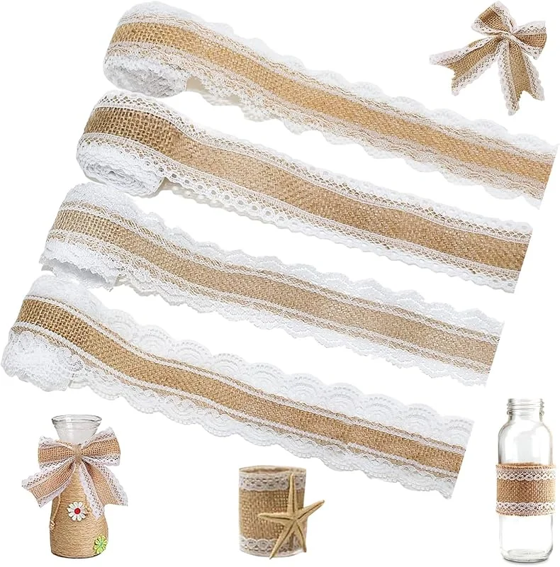 Capgoost 4 Rollos Cinta de Yute Vintage, Cinta de Arpillera Natural, Cintas Decorativa de Yute con Adornos de Encaje Blanco, Decoración de Bodas para Manualidades, Boda, Envolver Regalos Navidad — Envoltorio regalo