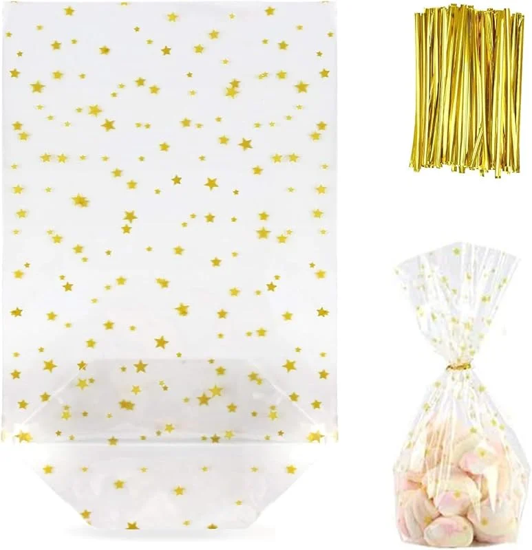 DALAETUS 100 Piezas Bolsas de Navidad Transparentes Set, 13cm x 21cm Bolsas de Celofán Navidad con Cierres de Retorcido, Bolsas de Regalo Navidad para Envasado Bombones Regalos(Estrellas Doradas) — Envoltorio regalo