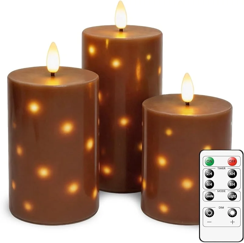 Visita la tienda de AnnSpa 3 Set Velas LED de Pilas con Control Remoto con Temporizador con Cadena de Luces de Estrella Integrada, de Cera Real Parpadeo Mecha para Navidad, bodas, cenas a la luz de las velas - Marrón — Luces Navidad