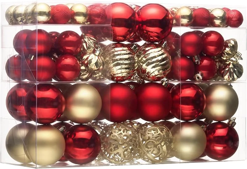 Visita la tienda de Valery Madelyn Valery Madelyn Bolas de Navidad, 100 unidades de bolas de Navidad con paquete de regalo, adornos para árbol de Navidad con colgador, tema rojo y dorado (L) — Decoracion Navidad