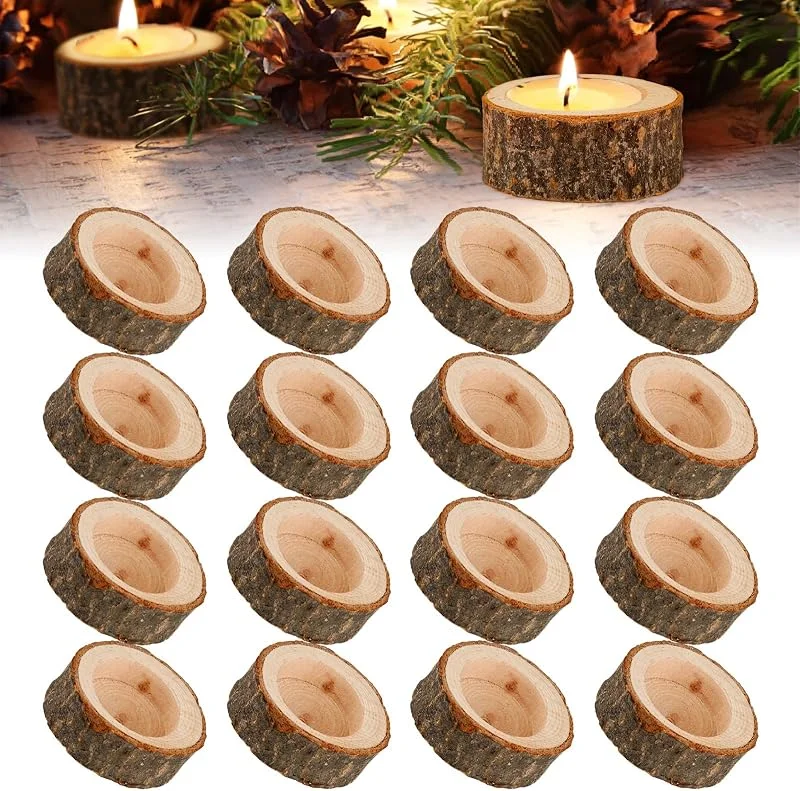 ZEFAN Juego de 16 portavelas de madera, redondos, de madera natural, para bodas, decoración del hogar, cumpleaños, fiestas de Navidad — Cena a la luz de velas