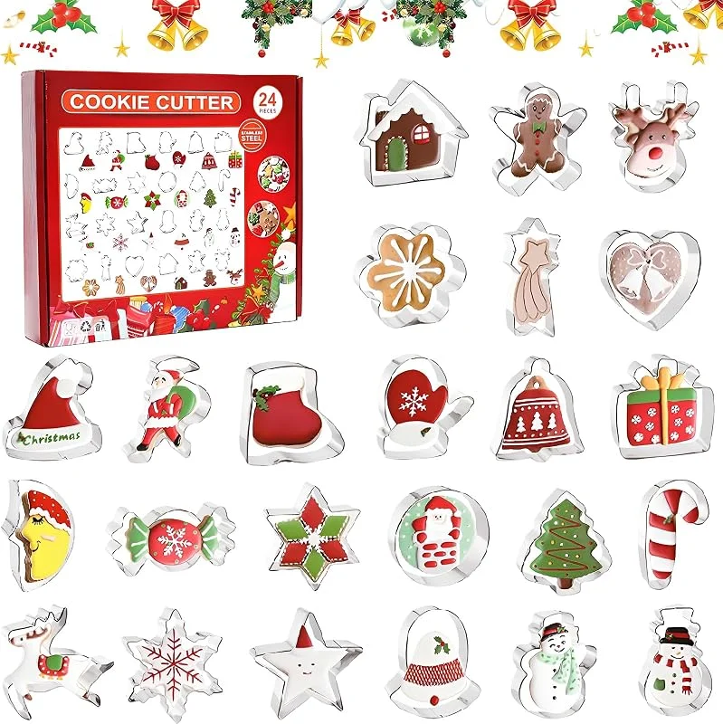 DYIOTF Set de 24 Cortadores de Galletas de Navidad de Acero Inoxidable, Moldes para Galletas Navideñas DIY, Utensilios de Repostería Creativa para Niños y Adultos, Caja de Regalo — Hogar y cocina