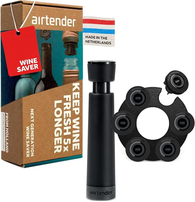 Airtender - Bomba de vino de vacío - 6 tapones de vino - vacunación - a prueba de fugas - caja de regalo — Vino y mesa festiva