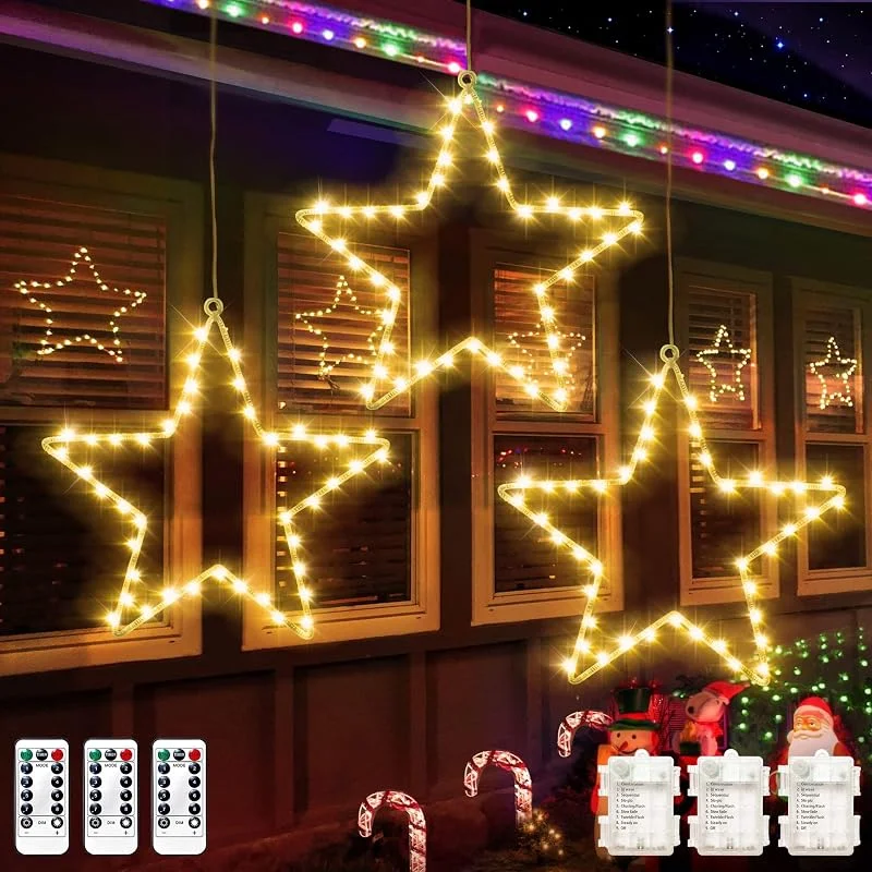 Visita la tienda de GEEKEO 3 Pcs Cortina Luces Navidad Estrellas, 40LED Luces de Navidad Exterior Estrella a Pilas con Temporizador, 8 Modos Luces de Cortina Luz Ventana Decoracion Navideñas para Interior habitacion Balcón Boda — Decoracion Navidad