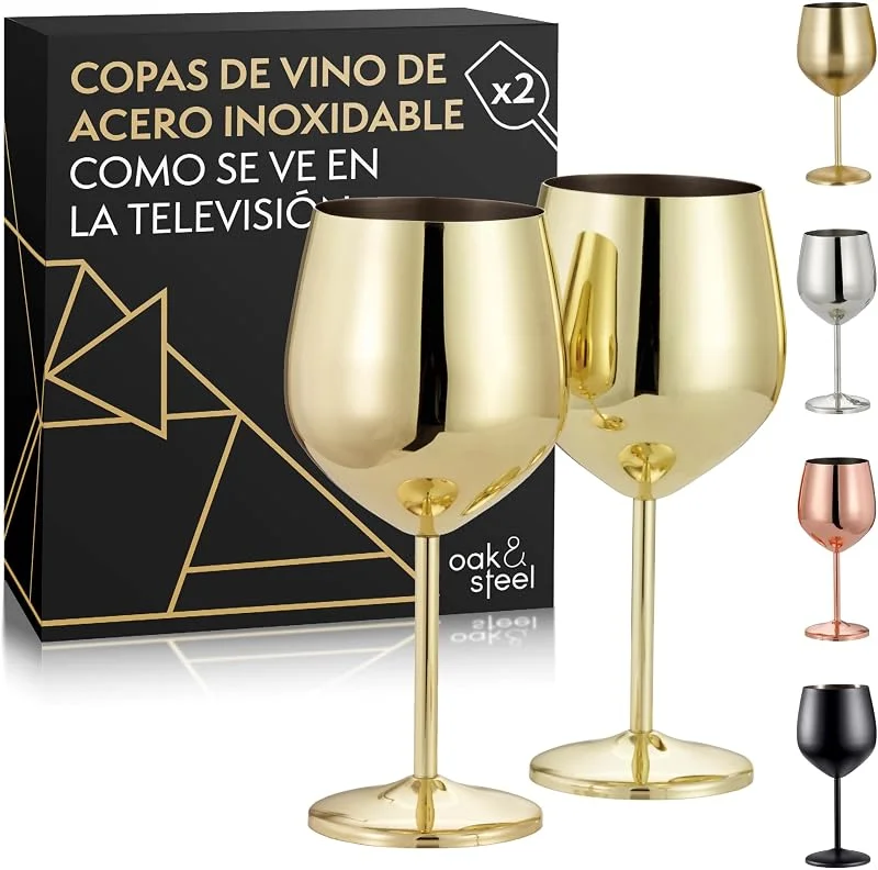 Visita la tienda de OS Oak & Steel ENGLAND Oak & Steel - 2 Copas de Vino Doradas (520ml) - Copas de Vino de Acero Inoxidable, de Metal Irrompible, con Caja de Regalo — Vino y mesa festiva