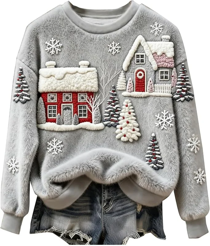 Generic Sudadera de franela para mujer, diseño de copo de nieve, con estampado de — Ropa Navidad