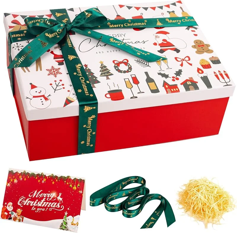 HONGCI Caja de regalo con tapa, caja de regalo plegable, que contiene tarjeta, papel triturado, cinta, 25 x 18 x 8, 8 cm, adecuada para el día de San Valentín, cumpleaños, bodas, vacaciones (Navidad, blanco + — Envoltorio regalo