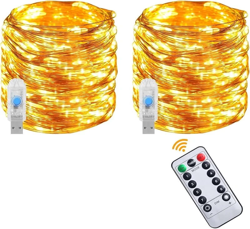 Vicloon Cadena de luces LED USB, 2 unidades, con mando a distancia, 10 m, 100 LED, 8 modos y temporizador, mini cadena de luces LED para Navidad, dormitorio, fiesta, boda, jardín — Luces Navidad