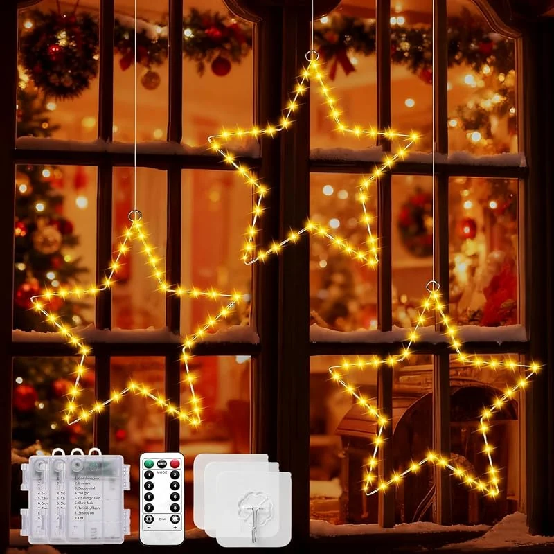 Visita la tienda de Lypumso Lypumso Luces de Navidad Estrella, 3 Piezas 45 LED Cortina de Luces Estrella a Pilas, Luz Ventana Navidad 8 Modos, Temporizador IP44, para Decoracion Navideña Interior Exterior, Ventana, Balcón, Fiesta — Decoracion Navidad