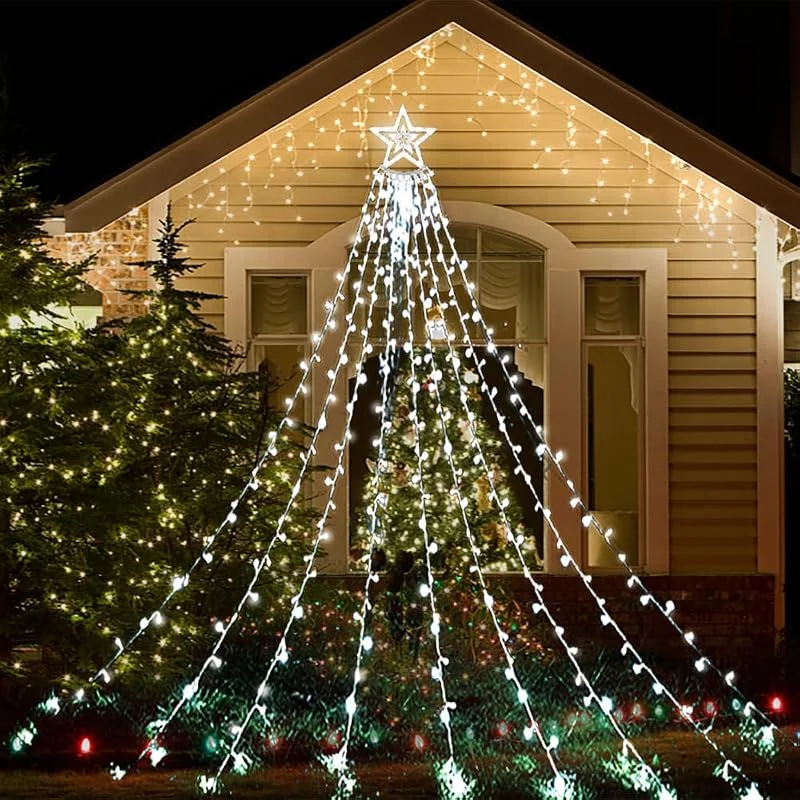 Kwaiffeo Decoraciones Navidenas con luz: Luces Navideñas de Exterior de 3.8 m 350 LED 8 Modos Tipo Estrella, Ideales para Decorar Casa Puertas Patio Porche y Fiestas Navideñas, Blanco Frío — Luces Navidad