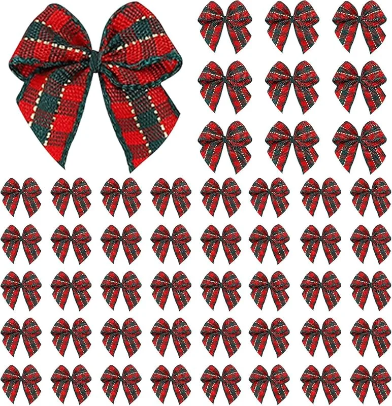 Hileyu 50 piezas de mini arcos para árboles de Navidad, 2, 5 cm adornos de lazo de a cuadros de Navidad decoración de lazo de festival para coronas navideñas decoración de árboles de Navidad de año nuevo — Envoltorio regalo