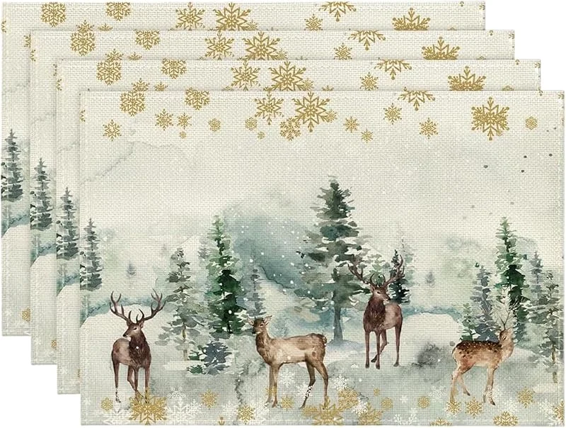 MUNSKT Juego de 4 manteles individuales de Navidad con diseño de ciervos y copos de nieve, 30 x 45 cm, lavables, vintage, para fiestas de invierno y vacaciones — Hogar y cocina