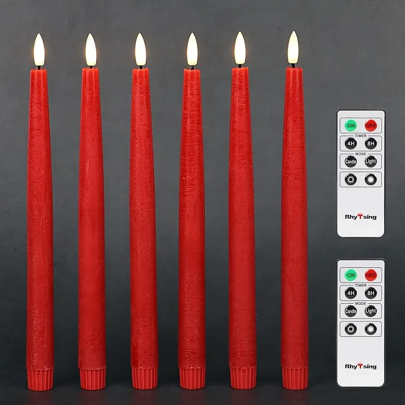 Visita la tienda de Rhytsing Rhytsing 6 cera Velas largas LED sin llama con temporizador, Velas a Pilas diseño rústico para candelabros, LED blanco cálido, 2 Mandos a distancia incluidos, Altura 29cm (Rojo) — Cena a la luz de velas
