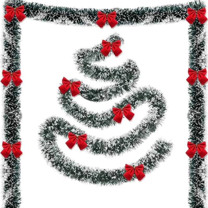 GWAWG 4 piezas de guirnaldas de Navidad con 12 arcos rojos para la decoración del árbol de Navidad, guirnalda artificial verde oscuro para las escaleras de la casa, manto, chimenea, interior, exterior — Decoracion Navidad