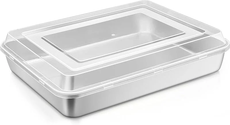 Joyfair Bandeja de horno rectangular de acero inoxidable con tapa de plástico, bandeja grande para asar lasaña brownie, acabado cepillado y fácil de limpiar, 31, 6 x 24 cm, 6 x 5 cm — Hogar y cocina