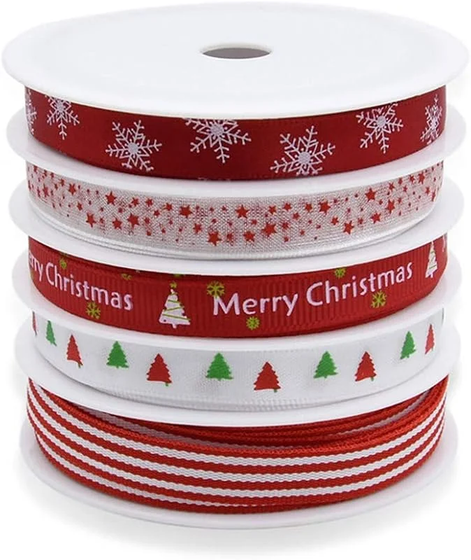 Pveath Cinta de grogrén con motivos navideños, 5 rollos de 5 m, satén de poliéster de doble cara, ideales para envolver regalos, hacer lazos y otros proyectos — Envoltorio regalo