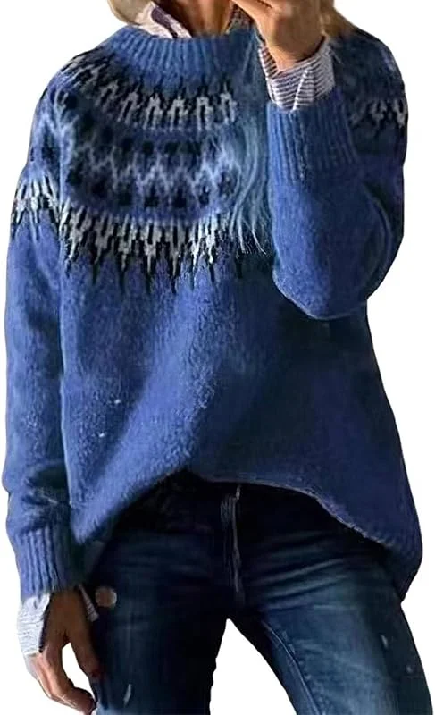 Generic HUIFUAO - Suéter de Navidad para mujer, talla grande, suéter de punto noruego, nórdico, islandés, cálido, térmico, retro, gráfico, manga larga, sudaderas — Ropa Navidad
