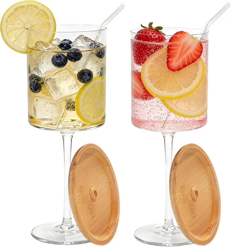 Imourari Juego de 2 copas de vino de 400 ml, transparentes, con pajita y tapa de bambú, para vino tinto, vino blanco, café helado, latte, matcha — Vino y mesa festiva