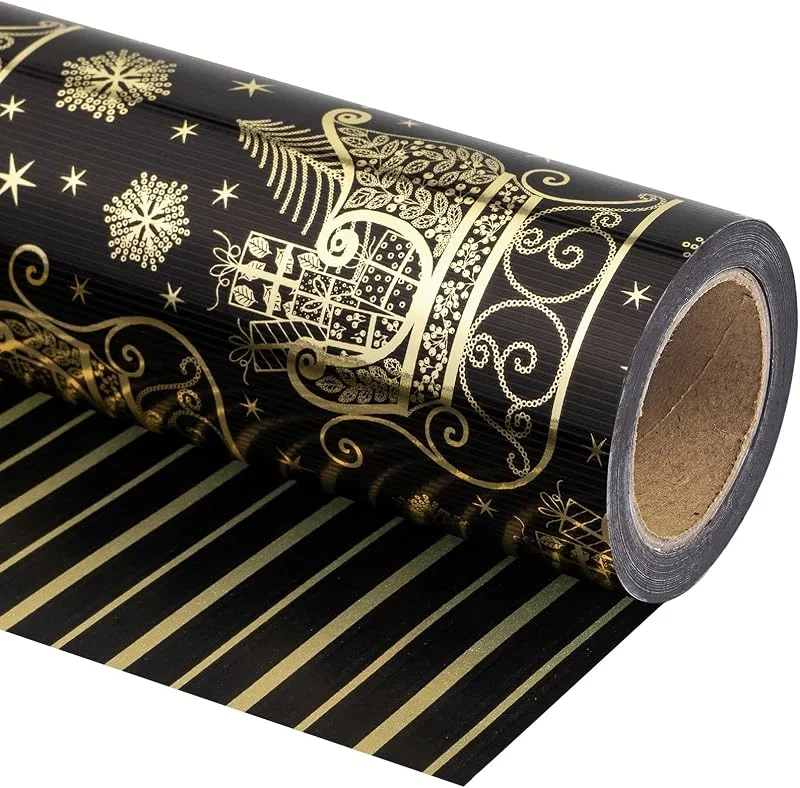 Visita la tienda de RUSPEPA RUSPEPA Papel, de regalo navideño reversible - Mini rollo - 43.2 cm x 10 m - Diseño, de rayas, y trineo navideño negro, y dorado, con brillo metálico, para Navidad, días festivos, y celebraciones — Hogar y cocina