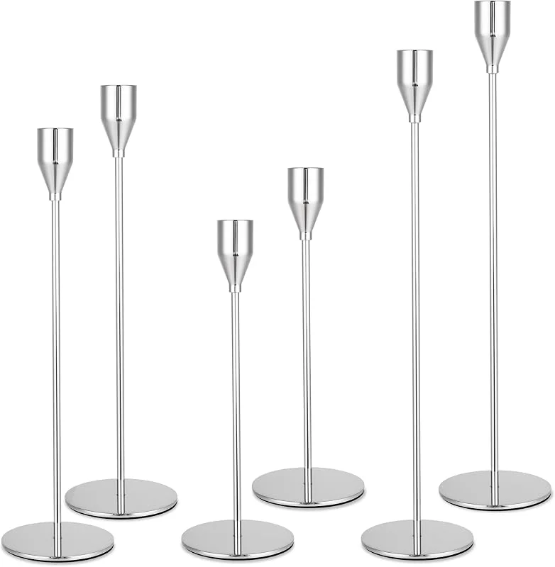 Novent Candelabro de metal de 6 piezas, tres tipos de portavelas con alturas de 33, 28, 23 cm. Decoración candelabro de varilla para bodas, fiestas, cumpleaños, decoraciones de mesa (plata) — Cena a la luz de velas