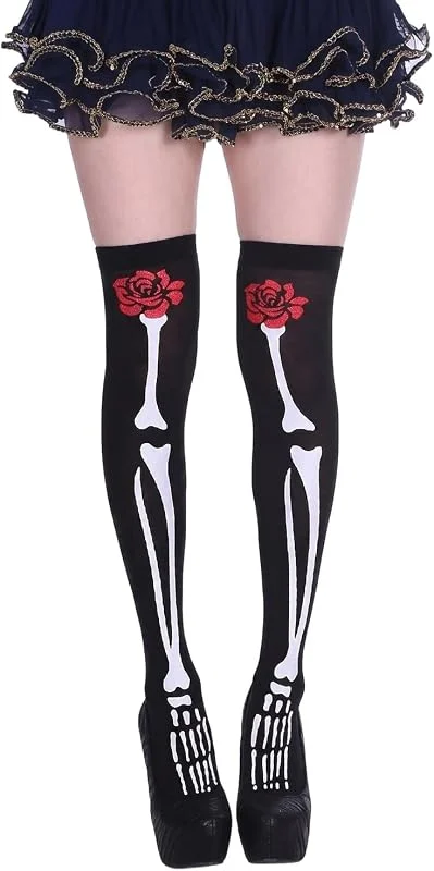 YEMVAR Esqueleto Calcetines Hasta la Rodilla, Calcetines Elásticos para Mujer, Juego De Calcetines Altos Hasta Muslo, Para Damas, Halloween, Fiestas de Navidad, Cosplay de Carnaval — Ropa Navidad