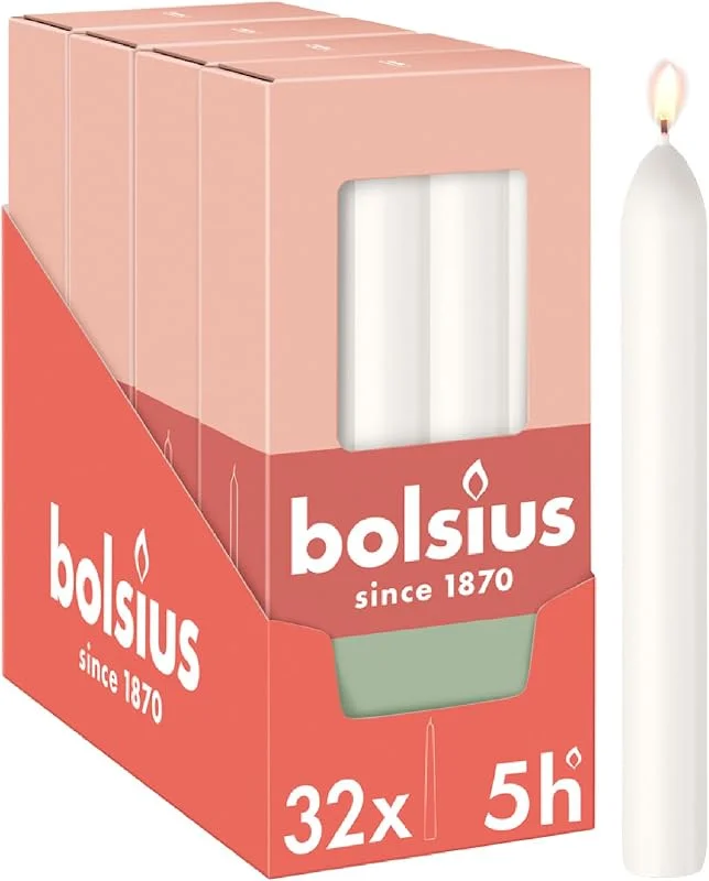 Visita la tienda de Bolsius Bolsius Essentials – Velas lisas de punta - blanca – 17 cm – 32 unidades – Velas decorativas – Sin aceite de palma — Cena a la luz de velas