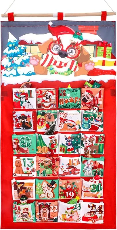 HOWAF Calendario Adviento 2026, Perro de Navidad Calendario de Adviento Tela para Rellenar con 24 Bolsillos 10x10cm para Decoración Navideña — Adviento y mesa
