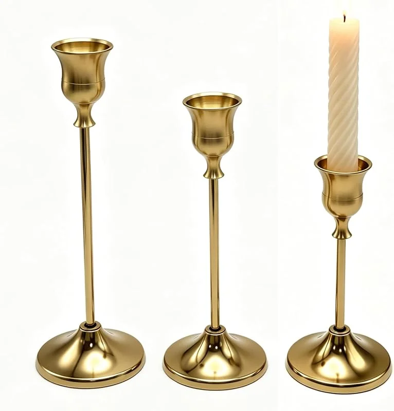 DKLUOLAN Set 3 candelabros Dorados de latón, Estilo Vintage y Moderno. Ideal para Mesa, Bodas, Regalos y decoración del hogar — Cena a la luz de velas
