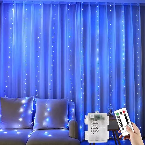 YUANYUYING Cortina de luces a pilas, 3 m x 1 m, 100 luces LED para ventana con control remoto y temporizador, 8 modos de intensidad regulable, resistente al agua (azul) — Luces Navidad
