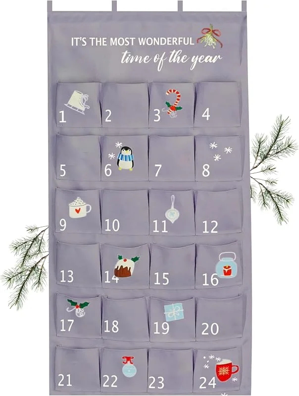 Mouji® Calendario de Adviento 2024 de tela para rellenar, calendario de Navidad para niños, calendario de Adviento para Navidad, regalo para niños, color gris claro, bolsa de tela — Adviento y mesa
