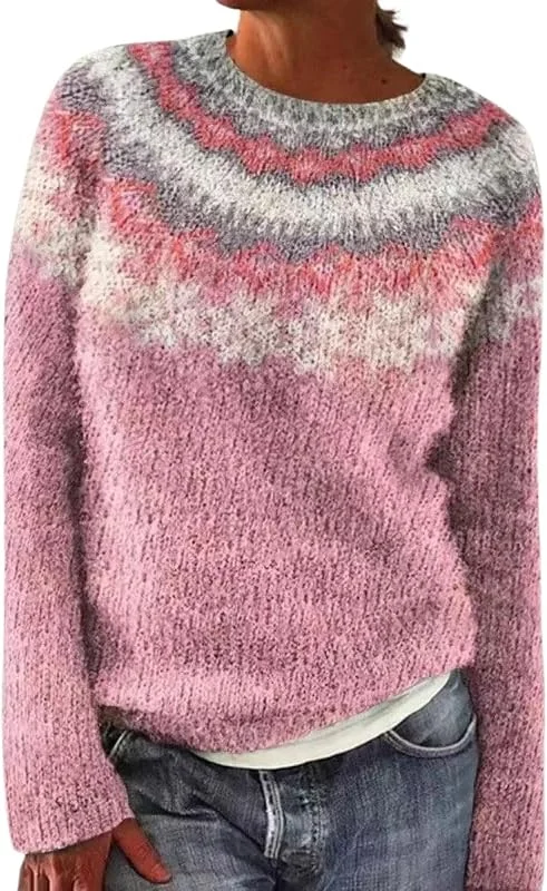 Generic HUIFUAO Fair Isle Jumpers - Suéter de Navidad para mujer, talla grande, ropa de punto noruego, nórdico, islandés, cálido, grueso, vintage, manga larga, sudadera, Z01 Rosa, 5XL — Ropa Navidad